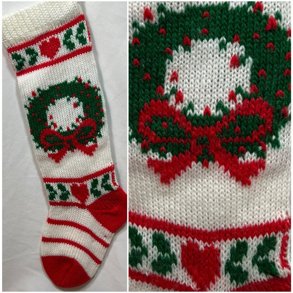 Vintage Knit Christmas Stocking with Wreath & Hearts Red White Green Country